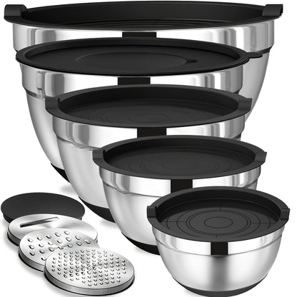 Stainless Steel Mixing Bowl Set with Airtight Lids & Non-Slip Silicone Base, 8-Piece Nesting Bowls for Baking Cooking Serving, Dishwasher Safe Kitchen Mixing Bowls with Lids for Food Storage