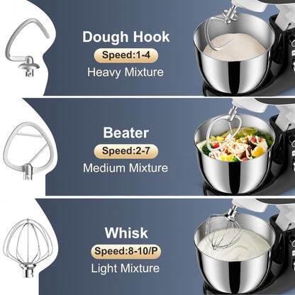 Stand Mixer 6.5 Qt Electric Kitchen Mixer 10-Speed Dough Mixer with Whisk Beater Dough Hook Dishwasher Safe Tilt-Head Food Mixer for Baking Bread Cake Cookie