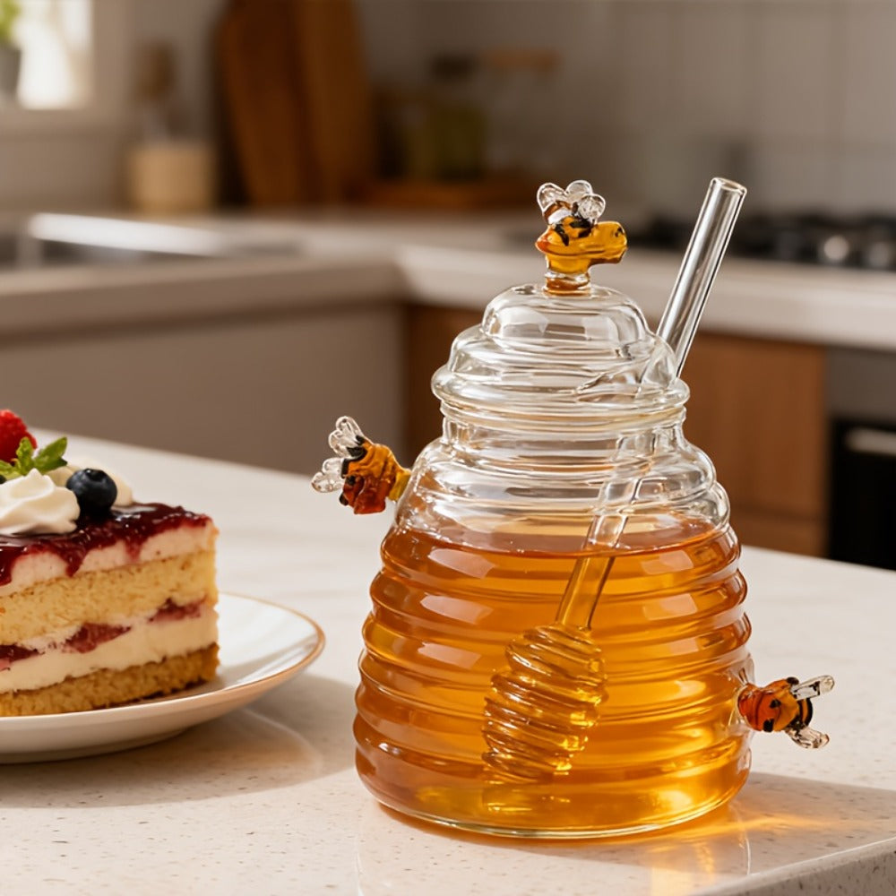 Glass Honeycomb Honey Jar with Lid and Stirrer | 480ml High Borosilicate Transparent Storage Container for Home Kitchen Wedding Party