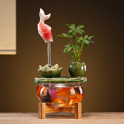 USB Desktop Fish Waterfall Fountain with Glass Bowl – Relaxing Indoor Water Feature Tabletop Decor Zen Fountain Gift