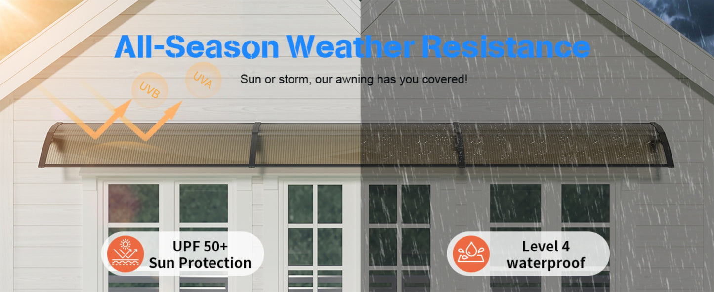 Polycarbonate Window Awning Door Canopy - UV Rain Snow Sun Protection Overhang for Doorways, Patio & Windows, Multiple Sizes, Black/Gray Bracket with Blue/Clear/Brown Board