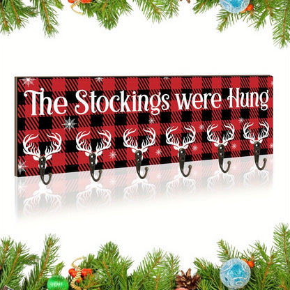 Christmas Stocking Holder with 6 Hooks – Wooden Sign Wall Rack with Snowflake Design & "The Stockings Were Hung" Quote, Santa Claus Mantel Hanger for Holiday Fireplace Decor
