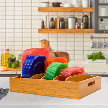 Bamboo Lid Organizer for Kitchen Cabinet with 5 Adjustable Dividers - Tupperware Lid Holder for Food Container Lids, Pot Lids Storage Rack with Writable Labels, 13" Wide