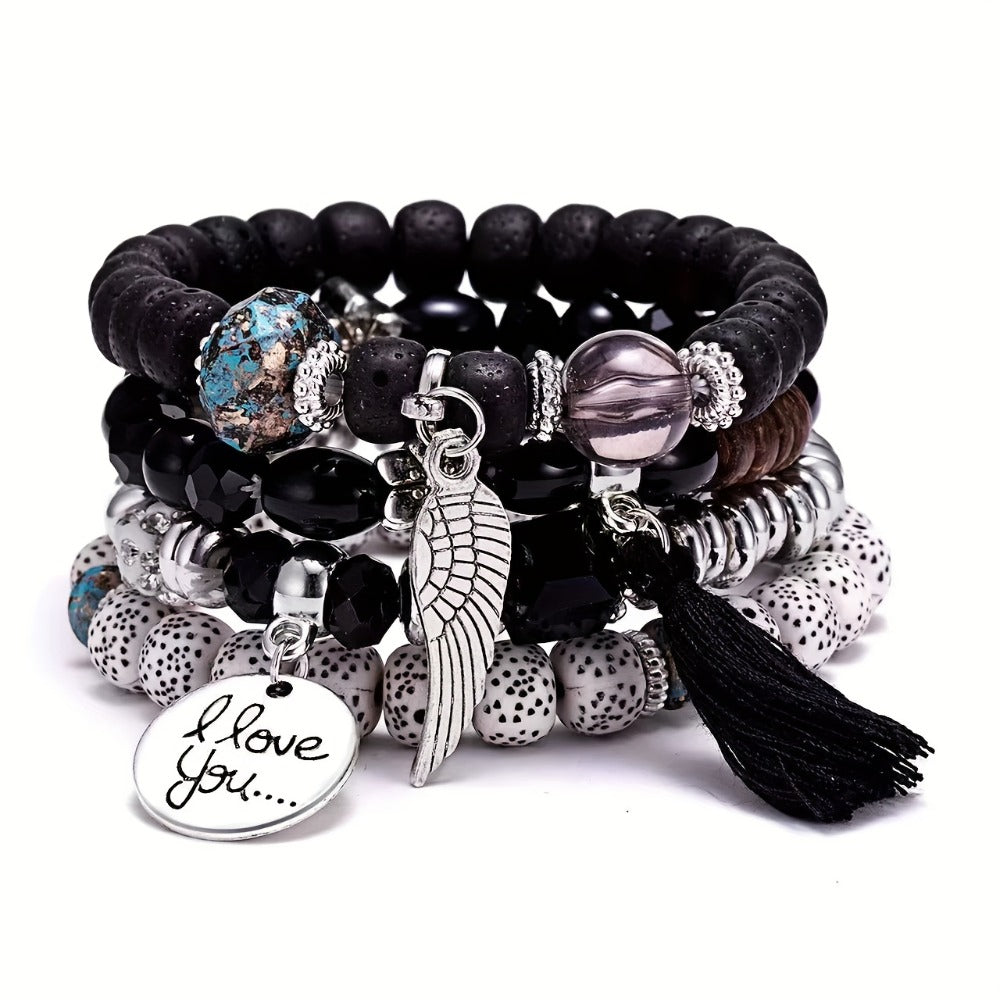 Bohemian Beaded Bracelet Set 24pcs – Multi-Layer Wooden Bead Elastic Bracelets with Butterfly Elephant Tree Pendant, Handmade Colorful Tassel Wristbands for Women Men, Party Gift & Daily Wear
