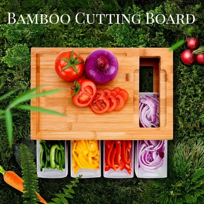 Bamboo Cutting Board with Drawer & Food Container Juice Tank Cheese Shredder Carving Board with Easy Handgrip for Vegetables, Meat & Cheese – Kitchen Chopping Board with Storage