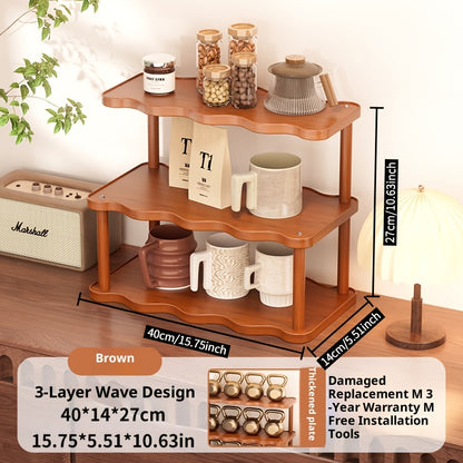 Ladder Cup Holder Rack 2-3 Tier Wave Style | Countertop Organizer for Coffee Mugs Teacups Water Glasses | Kitchen Counter Dining Table Entryway Dessert Display Shelf Brown