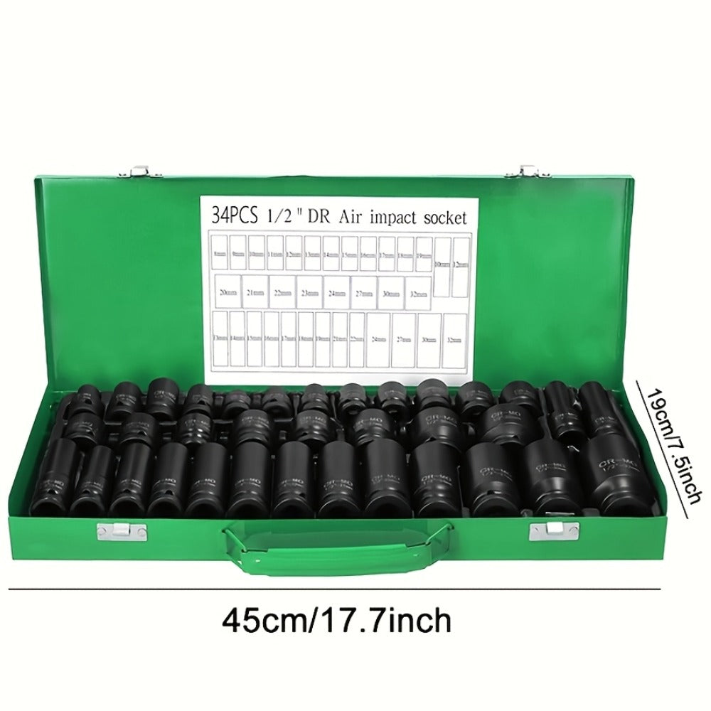 Impact Socket Set – 53-Piece Tool Set, 47-Piece 3/8" Drive & 34-Piece 1/2" Drive, SAE & Metric Sizes, 6-Point CR-V with Ratchet Handle, Extension Rod & Connector for Auto Repair & DIY