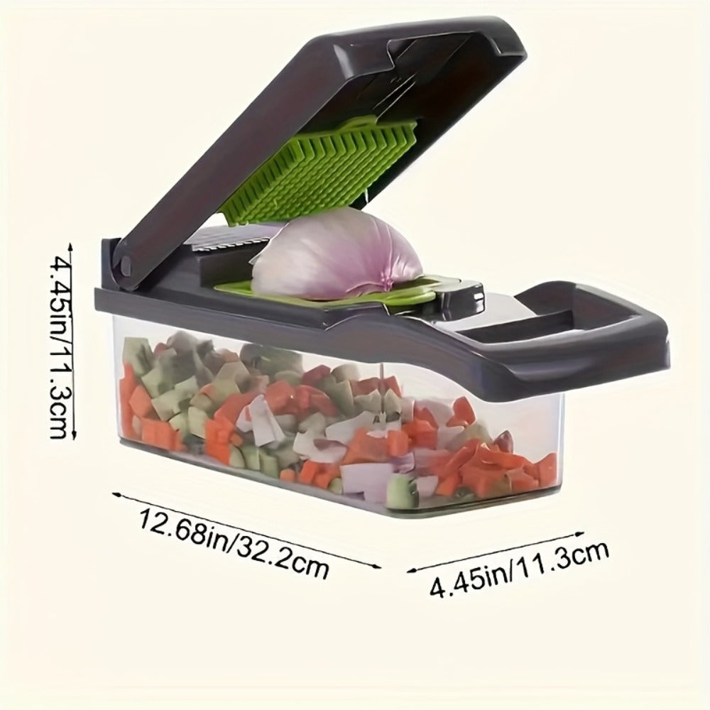 Vegetable Chopper 16-in-1 Manual Food Chopper Set – 8 Interchangeable Blades with Container, Grater & Strainer – Professional Onion Slicer & Dicer for Carrots, Garlic & Salad Kitchen Prep