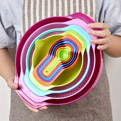 Mixing Bowl Set with Measuring Cups and Spoons, 10pcs Colorful Nesting Salad Bowls with Colander & Sifter, Plastic Baking Measurement Utensil Kit, Kitchen Measuring Tools for Baking Cooking & Meal Prep