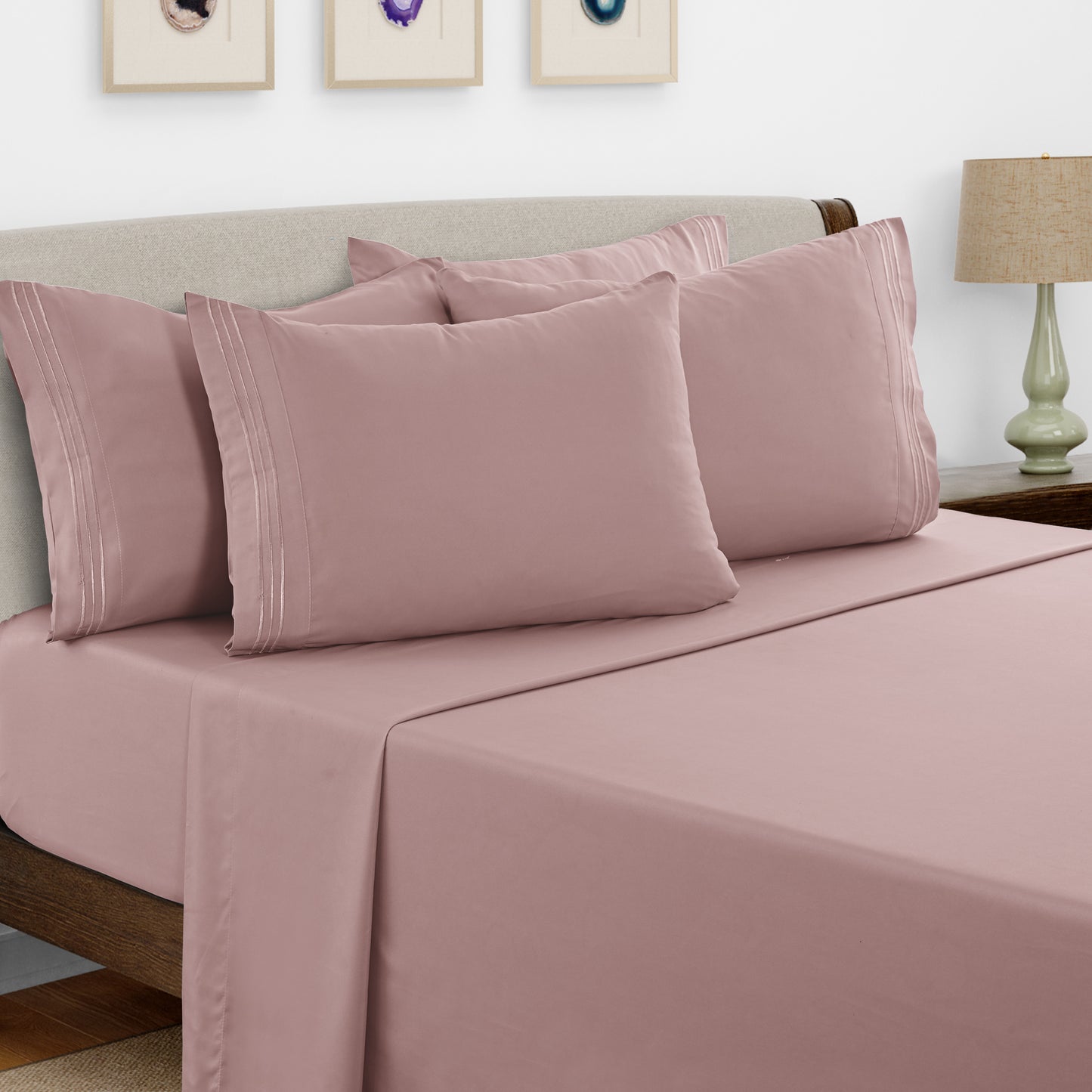 Bed Sheets Set 6 Piece - Soft Brushed Microfiber Fitted Sheet with 16" Deep Pocket, Flat Sheet & Embroidered Pillowcases, Hotel Luxury Cooling Bedding, All Seasons, 20 Colors