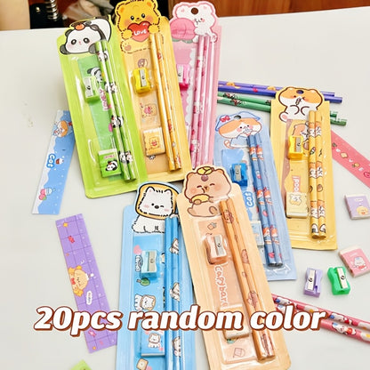 20-Piece Cartoon Pencil Stationery Set with Ruler Eraser Sharpener, Random Cartoon Styles, Kids School Supplies, Party Favor Prizes, Festival Gift Set for Students