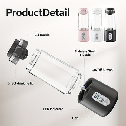 Portable Smoothie Blender USB-C Fast Charge 6-Blade Stainless Steel – Digital Timer Battery Display High-Speed Ice Crush No-Spill Lid | Protein Shake Gym Travel Blender in Black Pink White