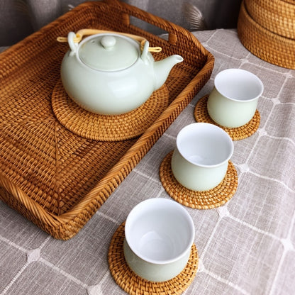 Rattan Woven Coasters Set of 6 Handcrafted Heat-Resistant Non-Slip Drink Mats Boho Table Decor for Kitchen Dining Room Coffee Table Tabletop Protection Holiday Gift