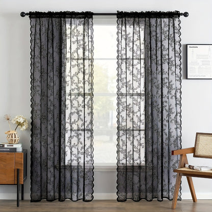 Sheer Lace Curtains 2 Panels Bohemian Floral Semi-Transparent Rod Pocket Window Curtains for Living Room Bedroom All Seasons