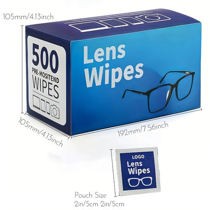 Lens Wipes Pre-Moistened 500 Count - Individually Wrapped Eyeglass Cleaning Wipes Scratch-Free Streak-Free for Glasses Sunglasses Camera Lenses Phone Screens Optical Cleaner Wipes Bulk Pack