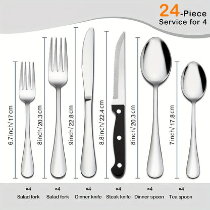 Stainless Steel Flatware Set with Steak Knives – 24/48 Piece Silverware Set Service for 4 or 8, Mirror Polished Cutlery, Dishwasher Safe, Silver & Black
