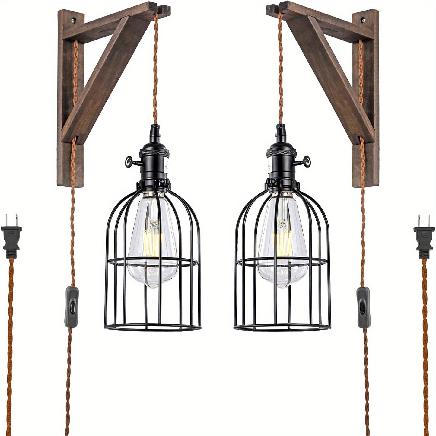 Plug In Wall Sconces Set of 2 or 1 – Rustic Farmhouse Wall Lamp with Metal Cage & Wooden Bracket, Plug-Into-Outlet Hanging Light for Bedroom, Living Room & Headboard