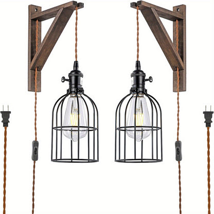 Plug In Wall Sconces Set of 2 or 1 – Rustic Farmhouse Wall Lamp with Metal Cage & Wooden Bracket, Plug-Into-Outlet Hanging Light for Bedroom, Living Room & Headboard