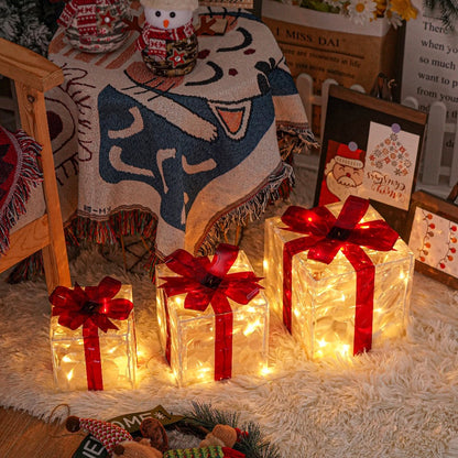 Christmas Light-Up Gift Boxes Set of 3 – USB & Battery LED Warm White Lighted Decorations with Timer, 8 Lighting Modes, Red Bow, Indoor Outdoor Holiday Home Decor