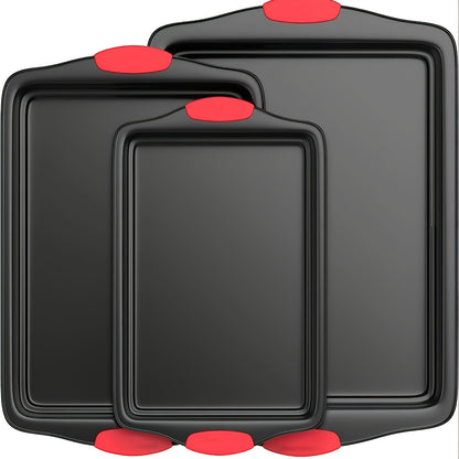 Carbon Steel Nonstick Baking Pan Set 3 or 9pcs Commercial Grade Restaurant Quality Nonstick Inside and Outside Oven Baking Pan with Red Silicone Handle Gray