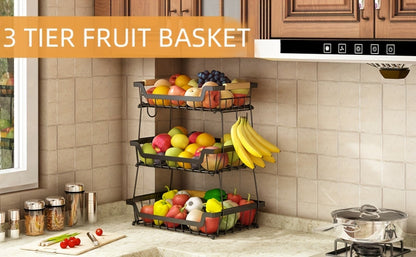 Fruit Basket with Banana Hanger, 2-3 Tier Metal Countertop Organizer with Wooden Handle — Detachable Kitchen Storage Stand for Fruits, Vegetables & Bread | Large Capacity | Black