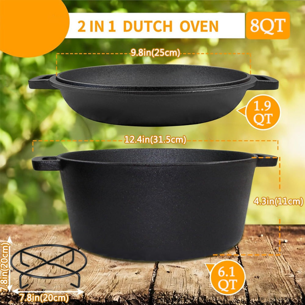 Cast Iron Dutch Oven Set – 6.1QT Deep Pot + 1.9QT Frying Pot, 2-in-1 Cookware with Silicone Handles, Iron Frame & Scraper, Oven, Stovetop, Induction & BBQ Compatible, 6-Pack Bundle