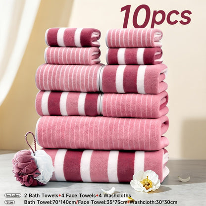 Microfiber Towel Set No Hair Loss Five-Star Hotel Standard - Ultra Soft 100% Polyester Two-Color Striped | 10pcs 3pcs 1pc | Green Brown Gray Red Blue | Bath Face Hand Towels with Bath Ball