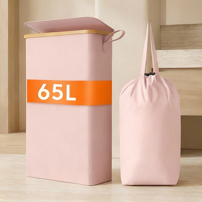 Slim Laundry Hamper with Lid & Removable Bag – Foldable Narrow Clothes Basket with Bamboo Handles for Bathroom, Bedroom & Dorm – 50L / 65L / 75L Space-Saving Collapsible Laundry Bin