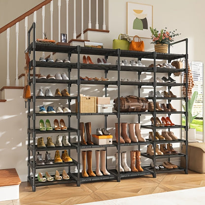 Large Metal Shoe Rack 4-Row 9-Tier Freestanding Shoe Organizer for Entryway Bedroom Hallway | 64-Pair Capacity Shoe Tower with Golden Tubes DIY Adjustable Shelves Space-Saving Vertical Shoe Storage