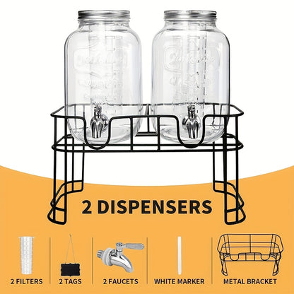 Glass Beverage Dispenser Set with Stand, 1-Gallon Square Glass Drink Dispenser with Stainless Steel Spigot & Ice Tube, Leak-Proof Lemonade Dispenser for Kitchen, Parties, Camping, 2pcs