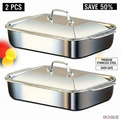 Stainless Steel Baking Pan Set 4-Piece – 2 Deep Roasting Pans & 2 Lidded Pans with Handles, 6-Liter Large Capacity 16.14" Rectangular Baking Pans for Lasagna, Fish, Chicken & Roasting – Dishwasher Safe