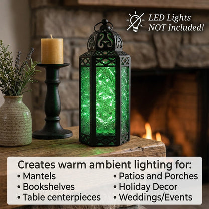 Moroccan Candle Lantern Holder - Decorative Metal & Glass Lantern with Embossed Floral Design for Indoor Home Decor, Garden, Patio, Weddings, Ramadan, Halloween & Holiday Celebrations - 10.5" Tall Medium Size