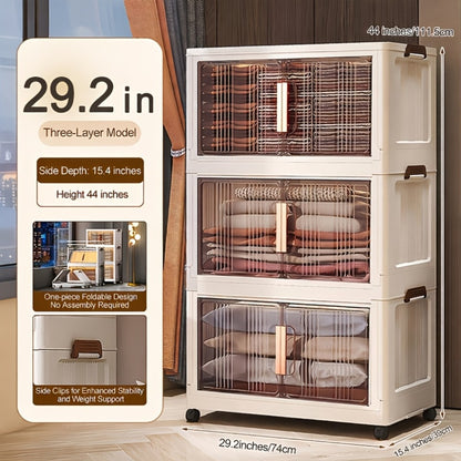 Folding Storage Cabinet with Wheels, 3/4/5-Tier Stackable Plastic Storage Bins with Lids & Magnetic Doors, Foldable Large Organizer with 360° Lockable Wheels for Home Office Kitchen Bathroom Garage