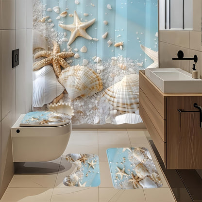 Shower Curtain Set Sea Star Shell Design Polyester with 12 Hooks Non-Slip Bath Mat U-Shaped Toilet Pad Lid Cover Bathroom Decor Set