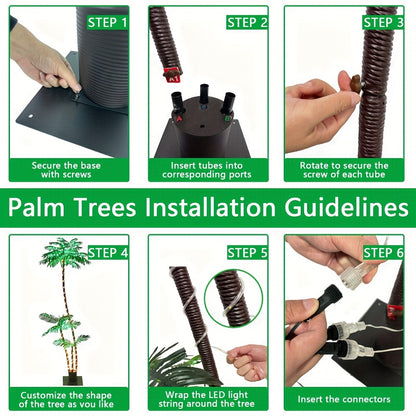 Solar Powered Artificial Palm Tree 7ft Triple Trunk 260 LED Lights 8 Modes Dimmable Timer 2200mAh Battery Metal Base Outdoor Indoor Decor Tiki Bar Patio Beach Garden Christmas Halloween Party