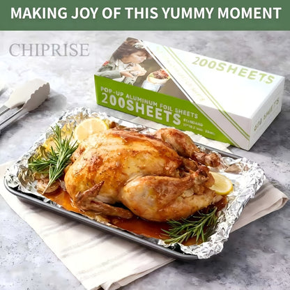 Pre-Cut Aluminum Foil Sheets 200-Count 9x10.75 Inch Pop-Up Dispenser Box Heavy Duty Foil for Baking Grilling Roasting Cooking Food Storage Restaurant