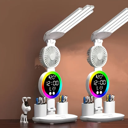 LED Desk Lamp with USB Touch Control Adjustable Brightness Color Changing Built-In Fan Night Light Eye-Caring for Home Office Dorm Study Multi-Angle