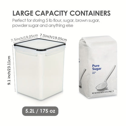 Large Airtight Pantry Canisters 4 Pack - BPA-Free Plastic Food Storage Containers with Lids for Flour Sugar Rice Cereal and Baking Supplies, 176oz 5.2L Clear Stackable Kitchen Canister Set with Measuring Cups and Chalkboard Labels