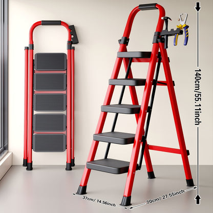 Folding Step Ladder 3 5 Step 500 lb Heavy Duty Steel Anti-Slip Wide Treads Handrail Safety Lock Portable Multi-Function Step Stool for Home Kitchen Garage Outdoor Black Red
