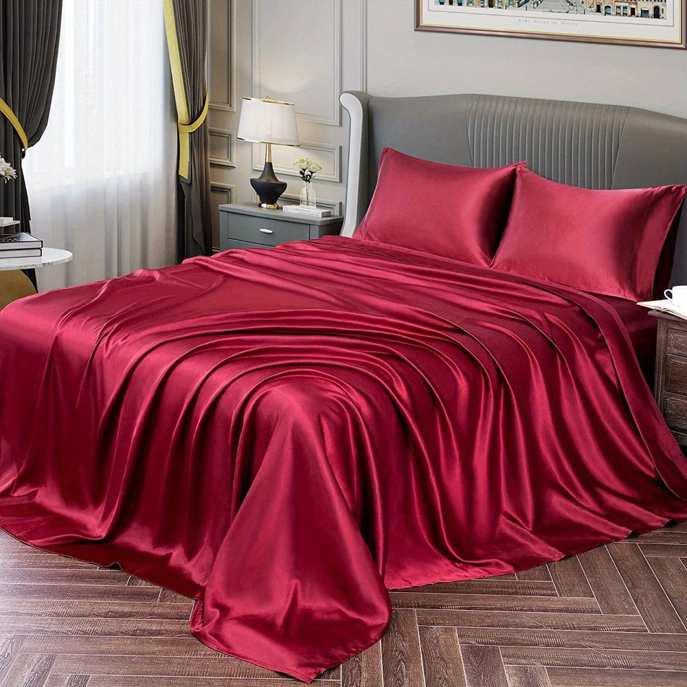 Satin Bed Sheet Set 4 Pcs – Luxury Silky Smooth Hotel-Quality Bedding, Wrinkle-Free Deep Pocket Fitted Sheet, All-Season Elegant Satin Sheets – Twin, Full, Queen & King, Multiple Colors