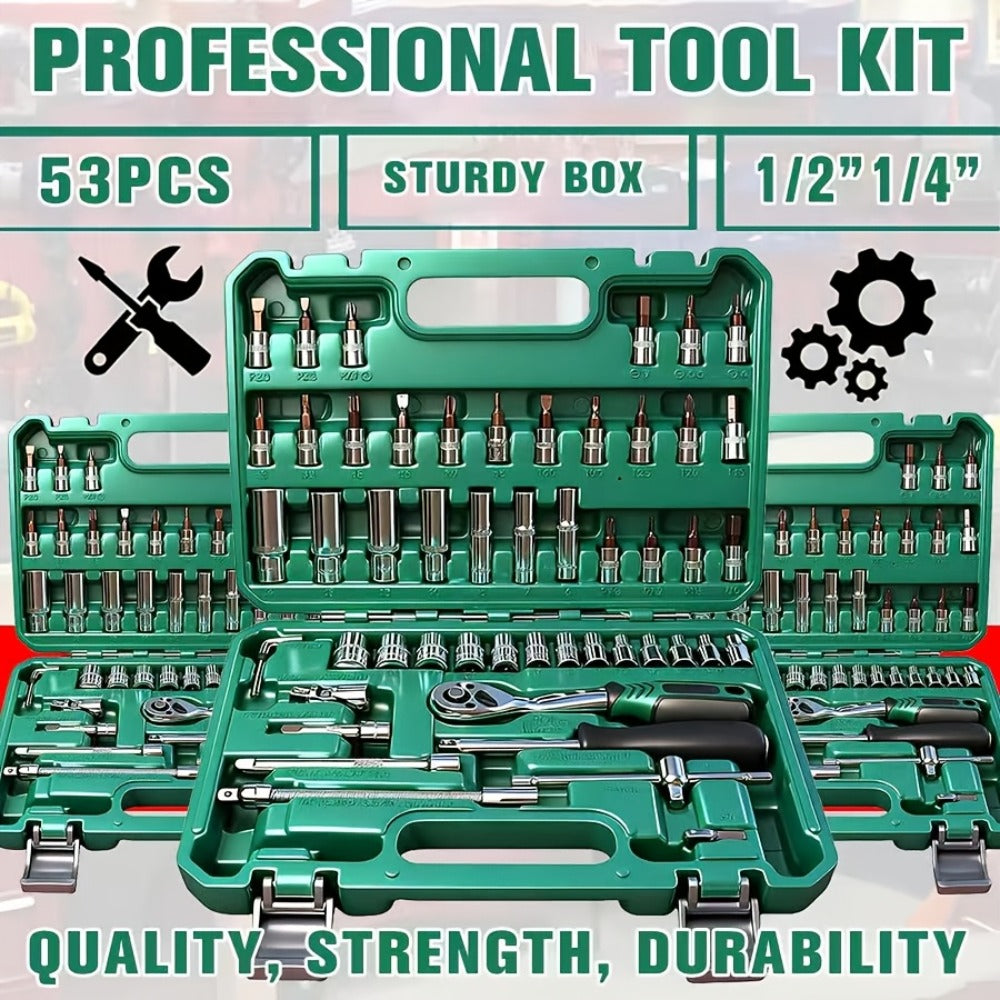 Impact Socket Set – 53-Piece Tool Set, 47-Piece 3/8" Drive & 34-Piece 1/2" Drive, SAE & Metric Sizes, 6-Point CR-V with Ratchet Handle, Extension Rod & Connector for Auto Repair & DIY