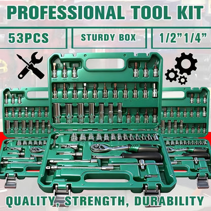 Impact Socket Set – 53-Piece Tool Set, 47-Piece 3/8" Drive & 34-Piece 1/2" Drive, SAE & Metric Sizes, 6-Point CR-V with Ratchet Handle, Extension Rod & Connector for Auto Repair & DIY