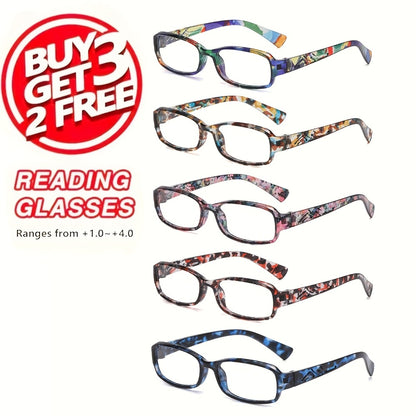 Reading Glasses 5 Pairs Square Fashion Printed Multicolor Frames Men Women 1.0X-4.0X Magnification High Definition Lenses Daily Office Use