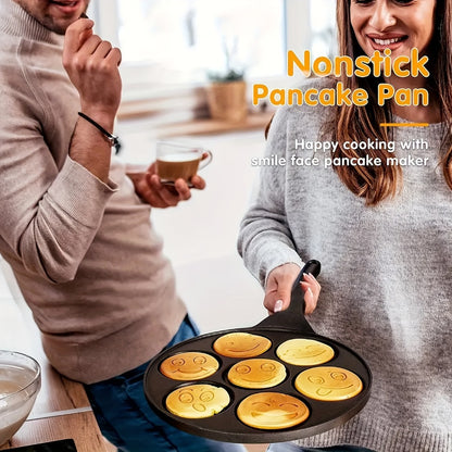 Non-Stick Pancake Pan 7-Hole Smiley Face – Fun Breakfast Egg & Bacon Frying Tray for Kids & Family, Easy to Clean, Mini Pancake Maker Baking Pan Kitchen Cooking Tool