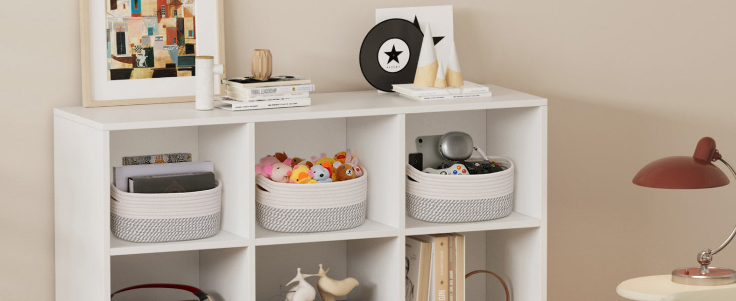 Woven Storage Baskets 6-Pack Cotton Rope Cube Bins 11x7x5" | Handmade Small Shelf Baskets for Organizing Closet Bedroom Living Room Playroom | Round Decorative Storage Caddy Multiple Colors