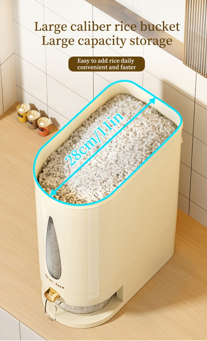 Rice Dispenser Storage Container Press Type Measuring Cup Moisture-Proof Sealed Grain Bin - Large Capacity Airtight Rice Storage Box for Rice Coffee Beans Flour Legumes Pet Food Kitchen Pantry Organizer