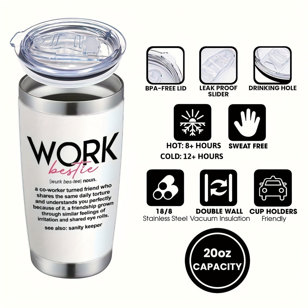 Travel Tumbler 20oz Work Bestie Design | 304 Stainless Steel Insulated Cup with Lid & Straw for Hot & Cold Drinks – Funny Coworker Gift for Birthday, Halloween, Thanksgiving & Christmas