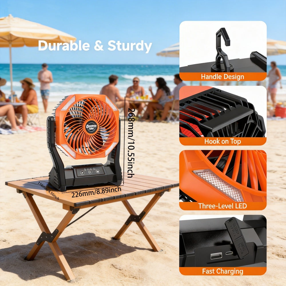 Camping Fan 20000mAh with LED Light and Brushless Motor, 4-Speed 180° Oscillating Portable Outdoor Fan, 22-26H Long Runtime Anti-Slip Base, 3-in-1 Table Fan for Camping, Hiking, Picnic and Emergency