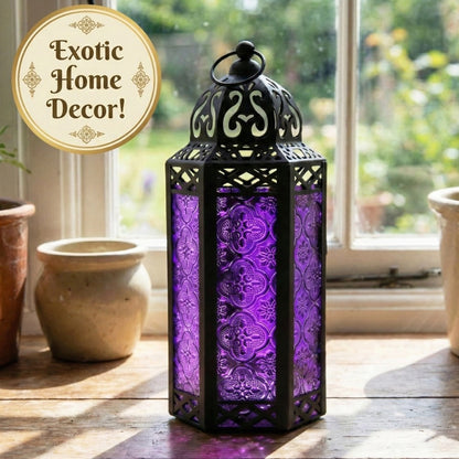 Moroccan Candle Lantern Holder - Decorative Metal & Glass Lantern with Embossed Floral Design for Indoor Home Decor, Garden, Patio, Weddings, Ramadan, Halloween & Holiday Celebrations - 10.5" Tall Medium Size