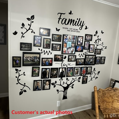 Family Tree Wall Sticker 3D Acrylic Photo Frame Collage – Removable Leaf-Shaped Picture Display with "Family" & "Love" Text, Peel & Stick Living Room Wall Decor, 81.5 x 57.48 Inches